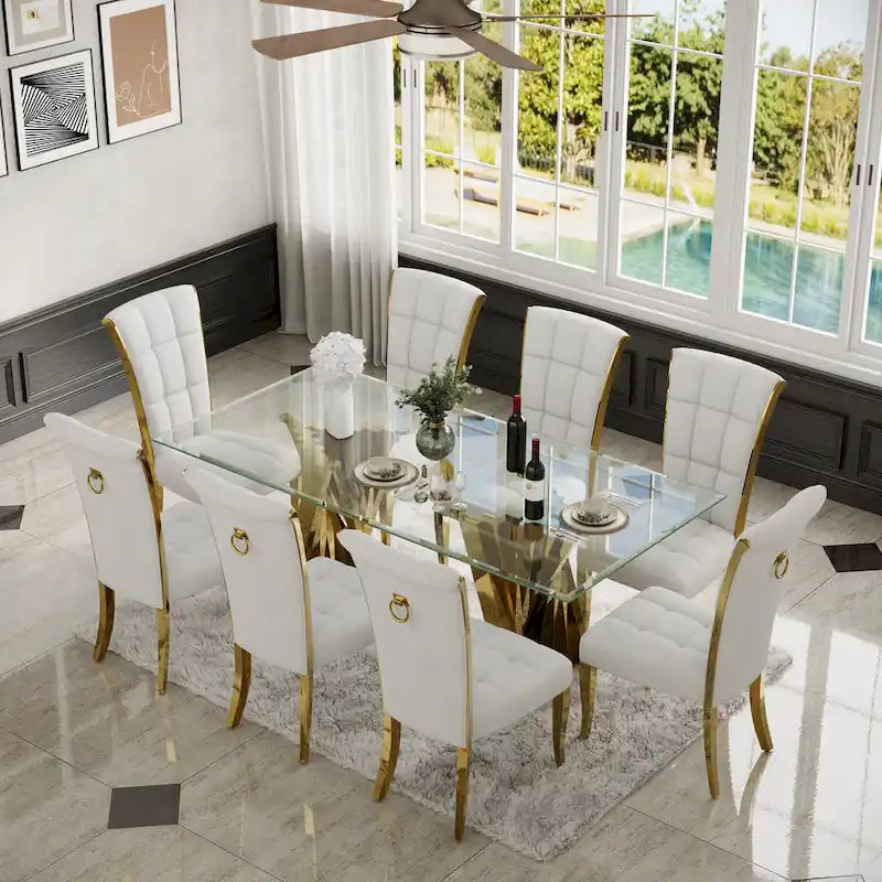 Sedia da pranzo in velluto bianco e oro, set da 2, seduta bassa