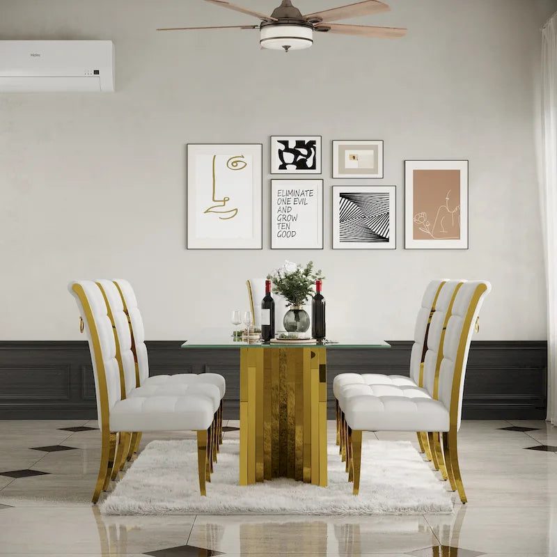Sedia da pranzo in velluto bianco e oro, set da 2, seduta bassa