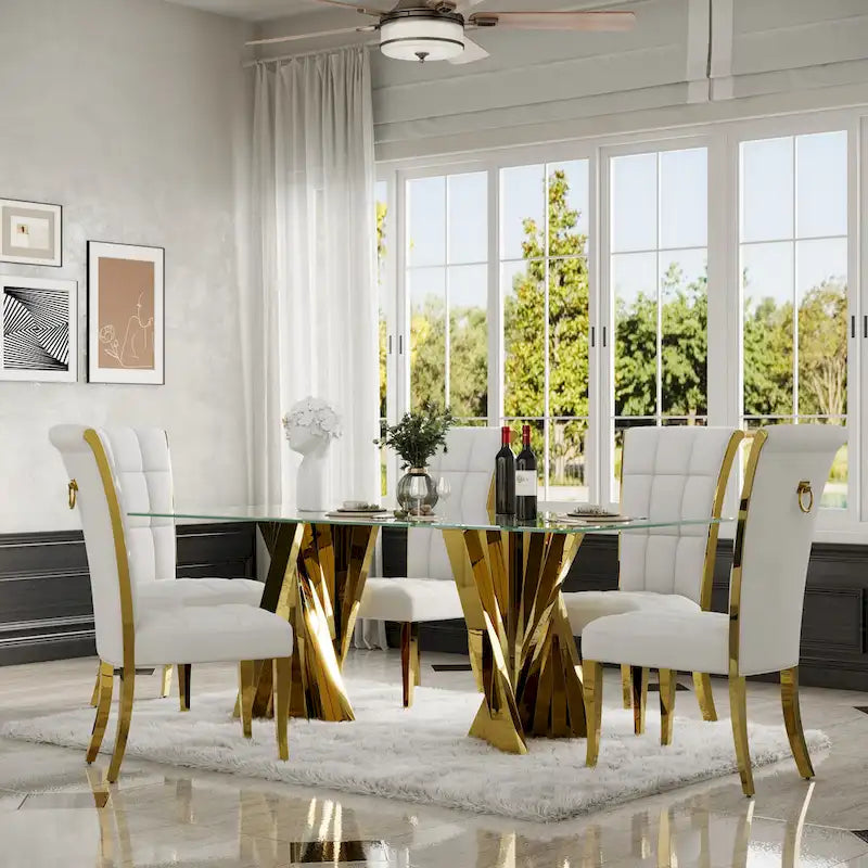 Sedia da pranzo in velluto bianco e oro, set da 2, seduta bassa
