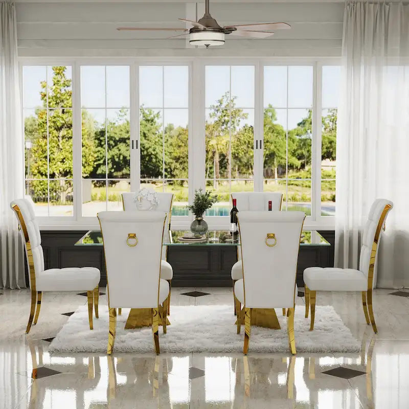 Sedia da pranzo in velluto bianco e oro, set da 2, seduta bassa