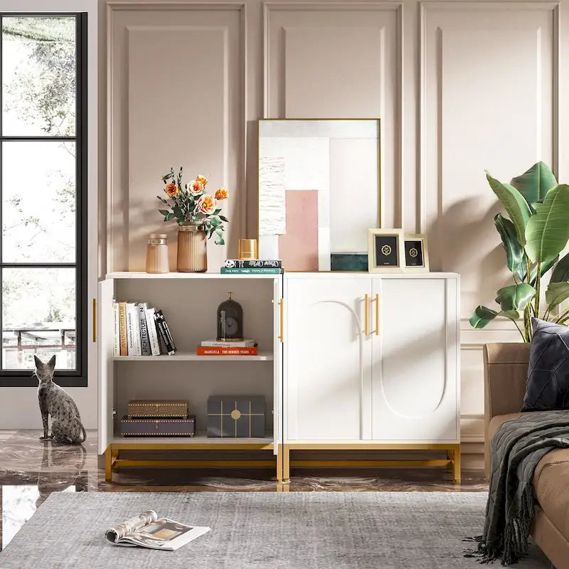 Credenza/Buffet bianco/oro, 4 ante con ripiano regolabile
