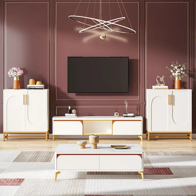 Credenza/Buffet bianco/oro, 4 ante con ripiano regolabile