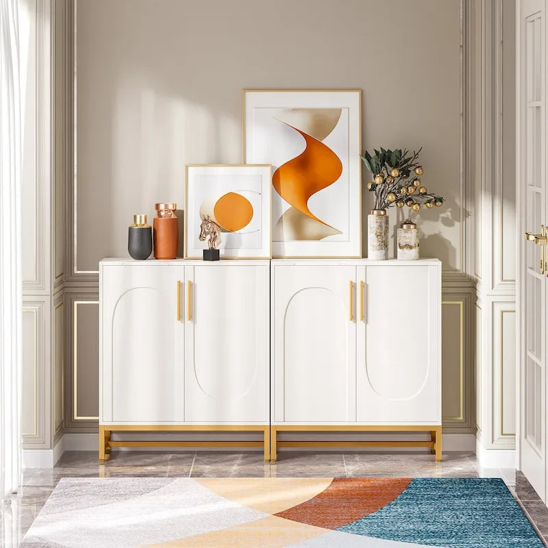 Credenza/Buffet bianco/oro, 4 ante con ripiano regolabile