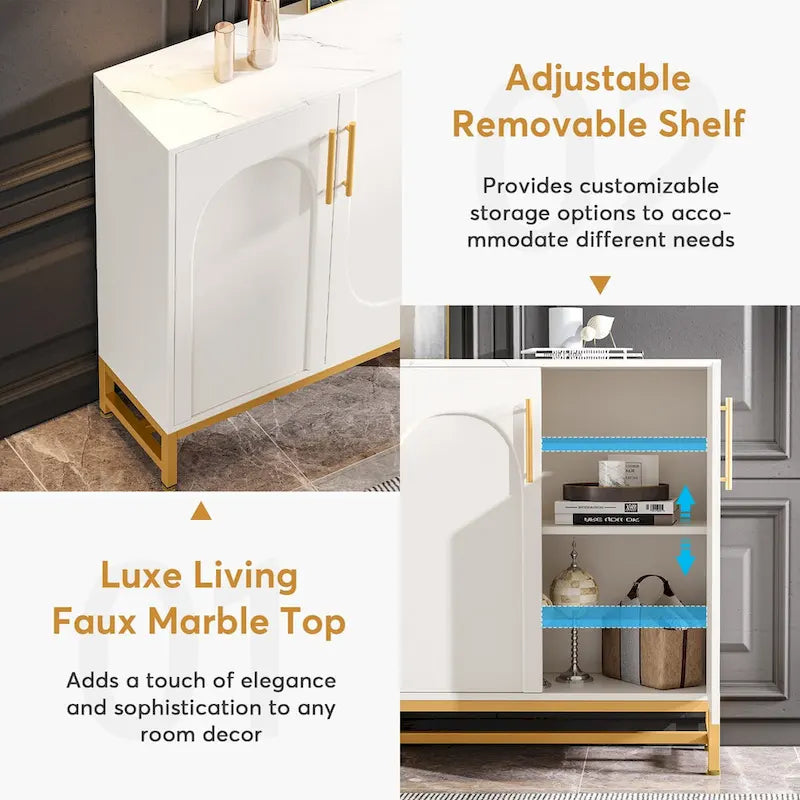 Credenza/Buffet bianco/oro, 4 ante con ripiano regolabile
