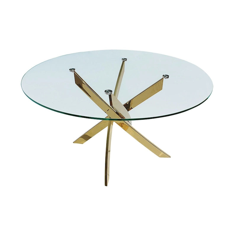 Tavolo da pranzo rotondo in vetro, base a X dorata, 4 posti