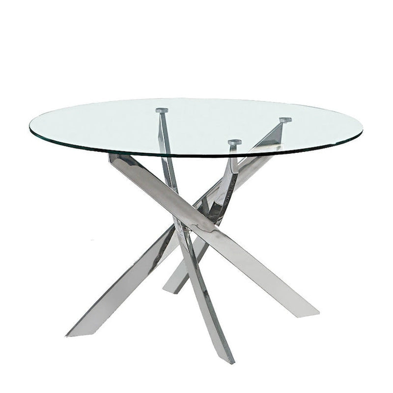 Tavolo da pranzo rotondo in vetro, base a X dorata, 4 posti
