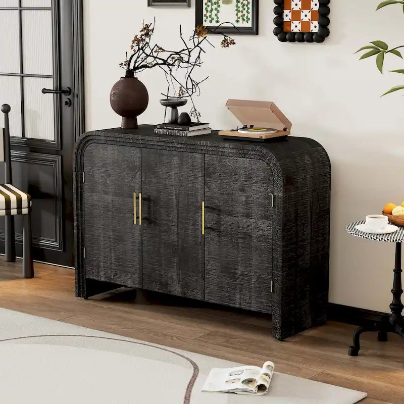 Madia curvata con ripiani regolabili, finitura legno naturale / nero anticato