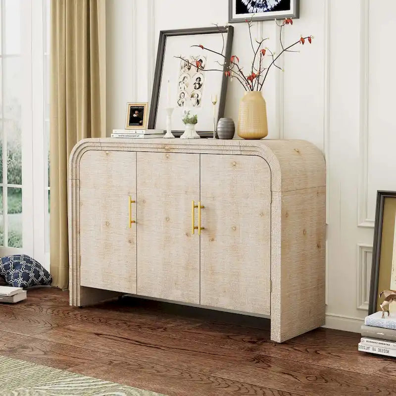 Madia curvata con ripiani regolabili, finitura legno naturale / nero anticato